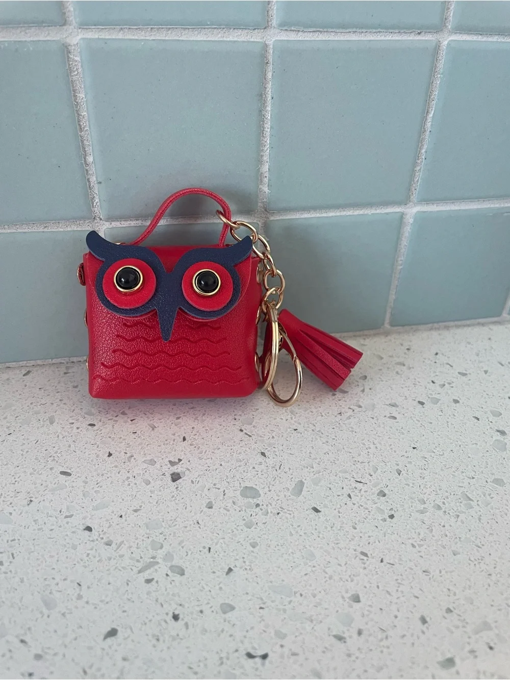 Red Owl Bag Keychain with Navy Accents